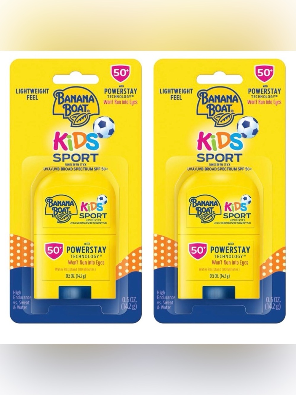Banana Boat Kids Sport Sunscreen Powerstay Stick 0.5 oz SPF 50 Twin Pack NWT